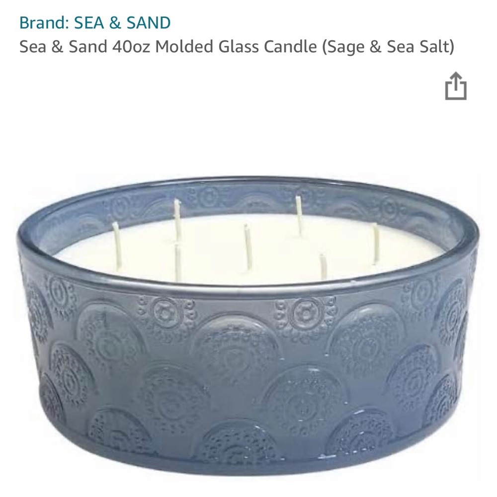 Sea & Sand 40 oz molded glass candle, 7 wick, Sage and Sea Salt scent.